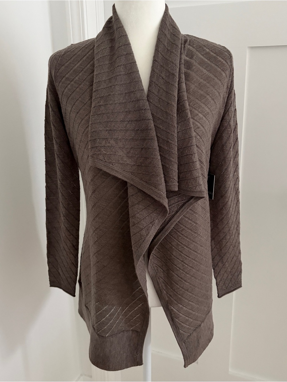 Tahari Open Front Cardigan Sweater Brown 100% Extrafine Merino Wool Sz XS*H23